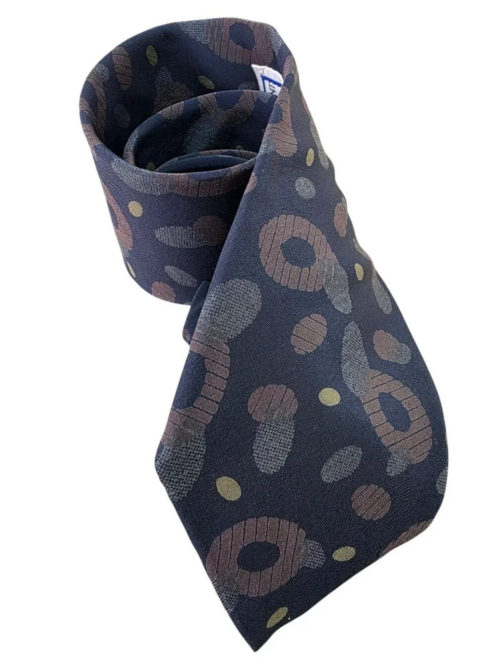 YSL Vintage 90s Tie Blu-Gray Brown Abstract Spot Pebble Silk Necktie 3.5”